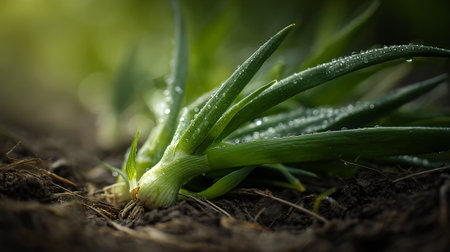 Lush Green Onion Sprouts on Soil Glistening with Water Droplets After Rainfallの素材