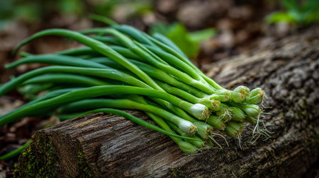 Fresh Green Onions Resting on Rustic Log with Forest Backdropの素材