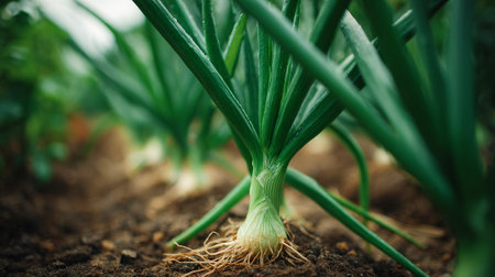 Green Onions Thriving in Rich Soil: A Bountiful Garden Sceneの素材