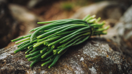 Fresh Green Chives Bundle Resting on a Rustic Rock Backgroundの素材
