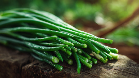 Freshly Harvested Green Onions Resting on a Rustic Wooden Surfaceの素材