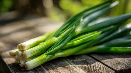 Fresh green onions lying outdoors on a rustic wooden picnic table.の素材