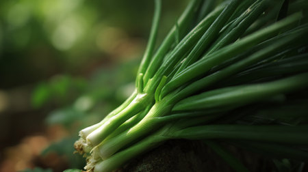 Freshly Harvested Spring Onions Displaying Vibrant Green Stalks and Culinary Usefulnessの素材