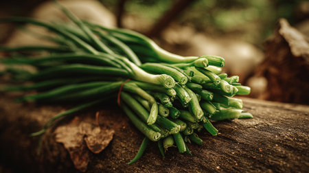 Fresh spring onions on rustic wooden surface evoking natural goodnessの素材
