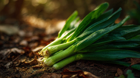 Freshly harvested green leeks resting on the ground under natural lightingの素材