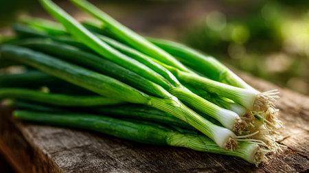 Fresh and Vibrant Green Onions Displayed on Rustic Wooden Surface.の素材