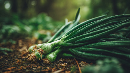 Freshly Harvested Spring Onions Displayed on Rustic Soil in the Gardenの素材