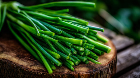 Fresh green chives bundle rests on a rustic wooden cutting boardの素材
