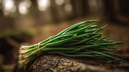 Fresh spring onions bundled, showcased upon weathered wood texture in the forestの素材