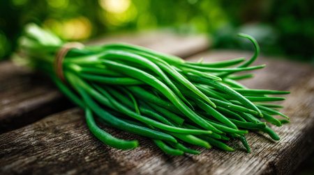 Freshly Harvested Green Onions Neatly Bundled on Rustic Wooden Surface Outdoorsの素材