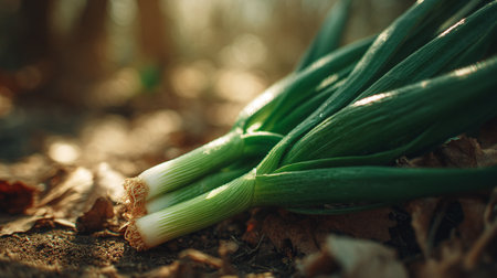 Fresh Spring Onions Harvested and Placed Gently on the Earthy Groundの素材