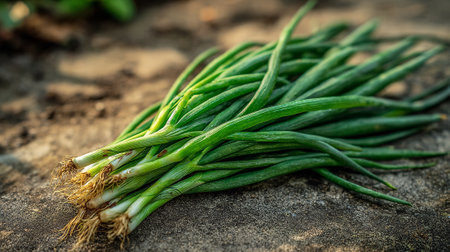 Fresh Green Onions: Vibrant Harvest on Rustic Stone Surface for Culinary Delightsの素材