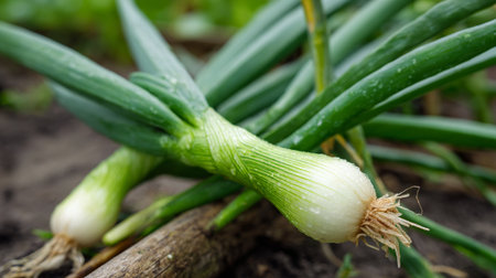 Freshly Harvested Spring Onions Displaying Natural Beauty and Organic Gardening Practicesの素材