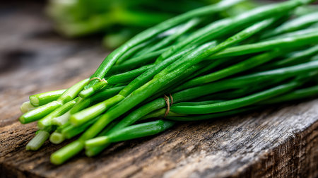 Freshly harvested vibrant green onions on rustic wooden cutting board surfaceの素材