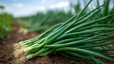 Freshly Harvested Green Onions Lying on Rich Soil in a Fieldの素材