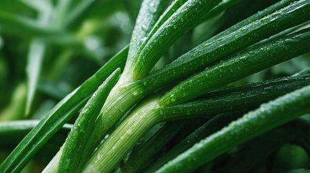 Vibrant green scallions with glistening water droplets in a detailed macro shot.の素材