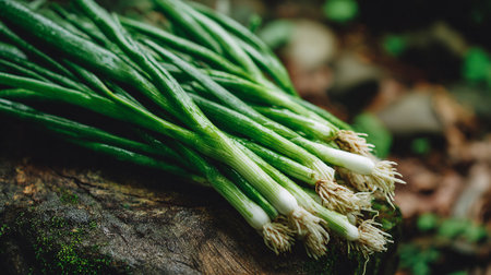 Freshly Harvested Green Onions Resting on Weathered Wood, a Rustic Sceneの素材