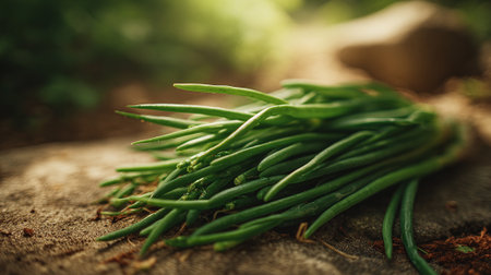 Freshly Harvested Green Onions Bundle Laying On A Rustic Textured Surfaceの素材
