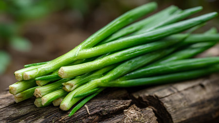 Fresh green scallions elegantly arranged on weathered wooden surface outdoors.の素材