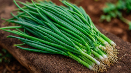 Fresh green spring onions on the rustic brown wooden surface outdoors.の素材