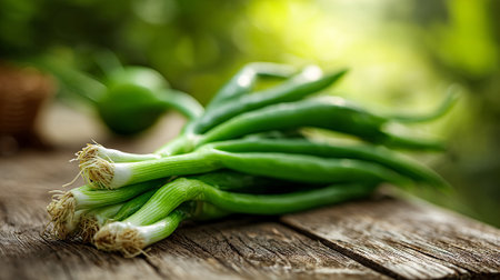 Fresh green onions on rustic wood surface in blurred garden settingの素材