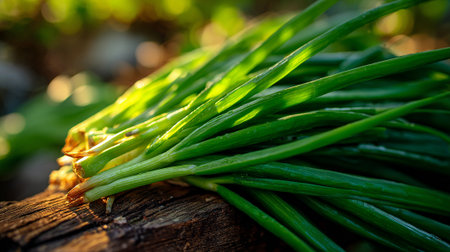 Freshly Harvested Green Onions Resting on Rustic Wood Under Gentle Sunlightの素材