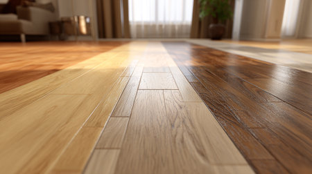 3d rendering of parquet floor in a living room with natural lightの素材