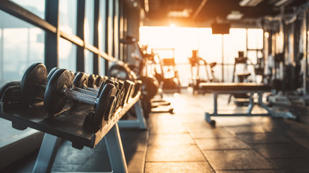 Dumbbells in a gym. Weight training equipment in fitness club.の素材