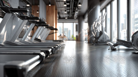 Modern gym interior with treadmills and row of running people. 3d renderingの素材