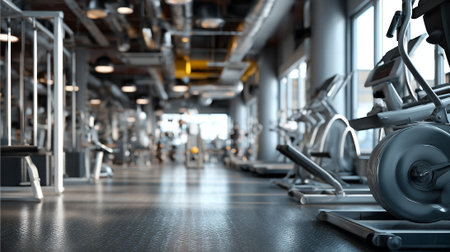 Modern gym interior with equipment. 3d rendering toned image.の素材