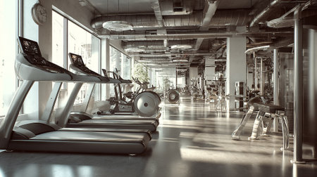 Interior of a fitness hall with a fitness equipment. Toned.の素材