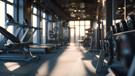 Interior of a modern gym with sport equipment. 3d renderingの素材
