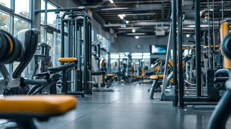 Interior of a fitness hall with equipment. Modern fitness hall with equipmentの素材