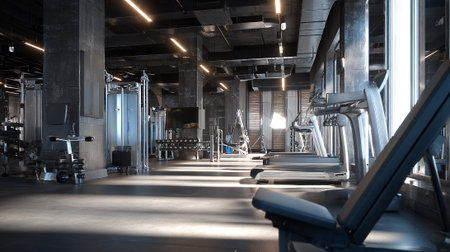 Interior of a modern fitness hall with equipment. Horizontal shotの素材