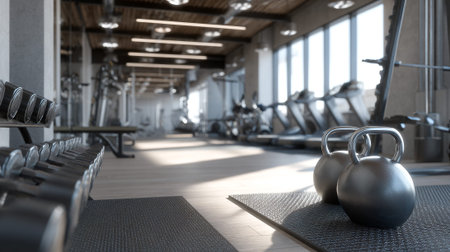 3d render of a kettlebells in a modern gym.の素材