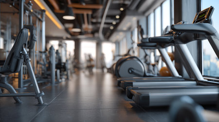 Interior of a modern fitness hall with equipment. 3d renderingの素材
