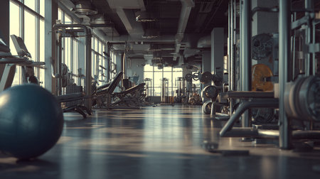 Interior of a fitness hall with equipment. Toned image.の素材