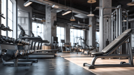 Interior of a modern gym with fitness equipment. 3d renderingの素材