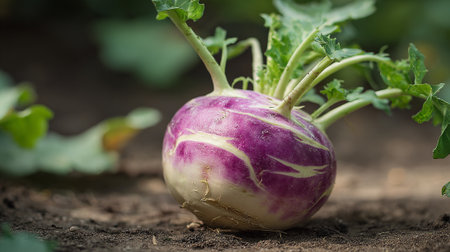Vibrant Purple Kohlrabi Bulb Growing in Garden Soil with Lush Green Leavesの素材