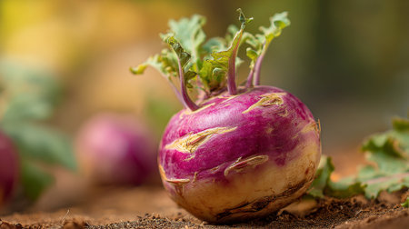 Fresh Kohlrabi Growing in a Patch of Soil on a Sunny Dayの素材