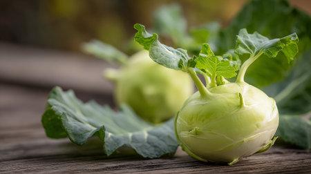 Fresh Organic Kohlrabi Bulbs and Greens on a Rustic Wooden Surface.の素材