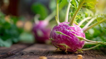 Freshly Harvested Purple Kohlrabi Bulbs on Rustic Wooden Surfaceの素材