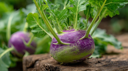 Organic Purple Kohlrabi with Lush Green Leaves on Weathered Woodの素材