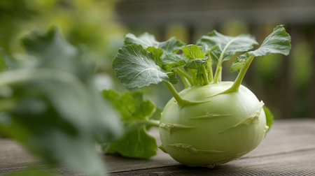 Fresh Green Kohlrabi on Wooden Table Top, an Organic and Natural Foodの素材