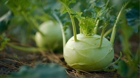 Vibrant Kohlrabi Growing in a Lush Garden on a Sunny Dayの素材