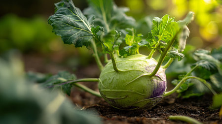 Vibrant Kohlrabi Growing Freshly in the Garden with Morning Lightの素材
