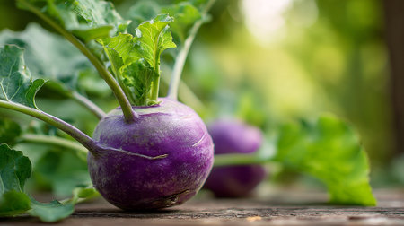 Vibrant Purple Kohlrabi with Lush Green Leaves in an Organic Garden Settingの素材
