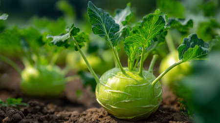 Fresh Green Kohlrabi Growing in a Vegetable Garden on a Sunny Dayの素材
