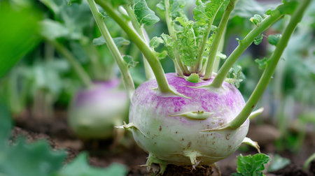 Purple Kohlrabi Growing in a Garden Patch with Healthy Green Leavesの素材