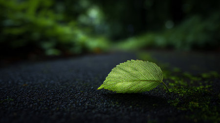 Tranquil Green Leaf Resting on Dark Mossy Ground Amidst Blurred Forestの素材